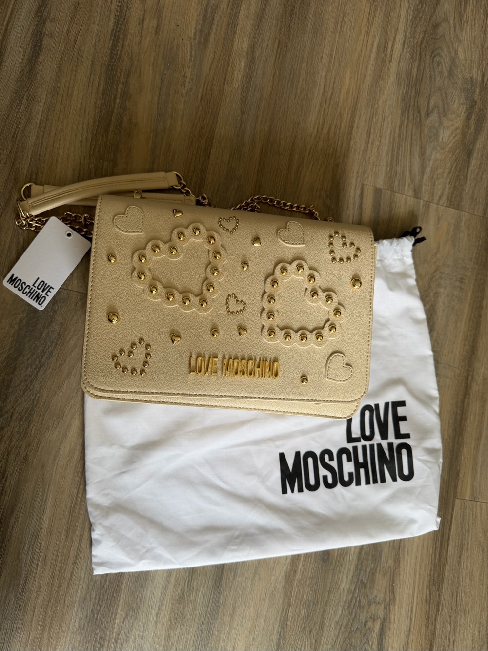 Love Moschino Beige Heart-Stud Chain Shoulder Bag